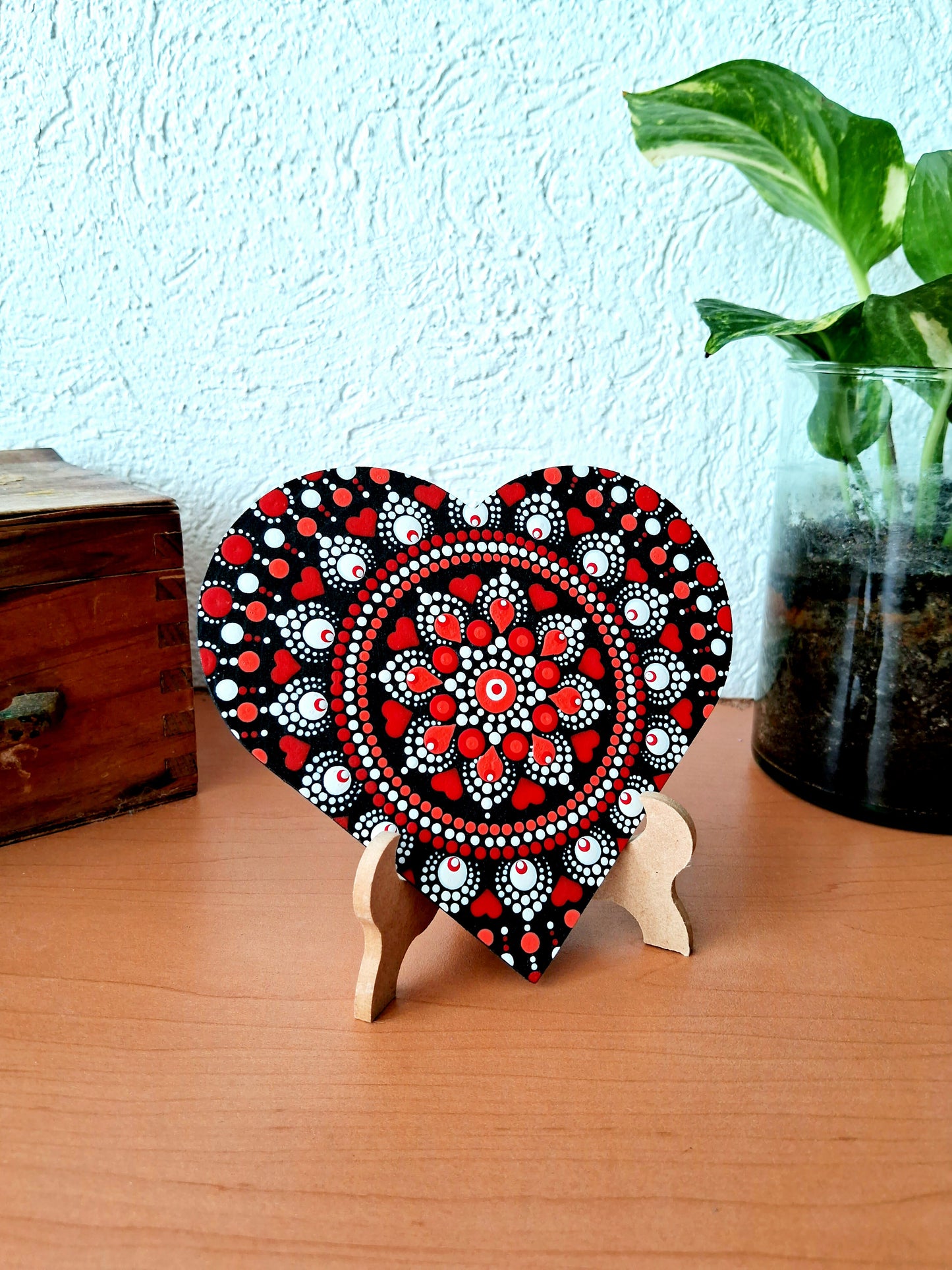 Hand-painted small heart Mandala on Wood