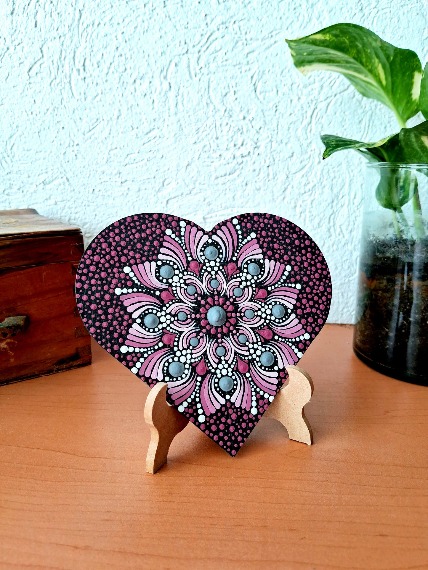 Hand-painted small heart Mandala on Wood